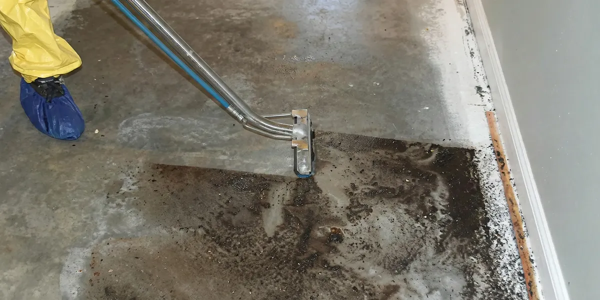 sewage removal technicians extracting contaminated wastewater from a residential floor in Los Angeles, CA